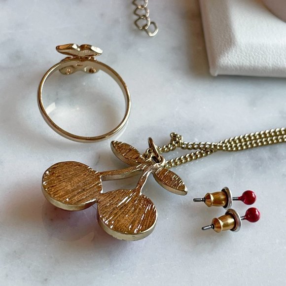 Cherries Necklace and Ring with Coordinating Post Earrings, 3-Piece Set - Picture 5 of 7